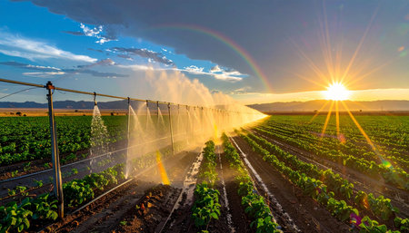 As the sun dips below the horizon, casting a warm golden glow, an advanced irrigation system showers life-giving water over neat rows of thriving crops.の素材
