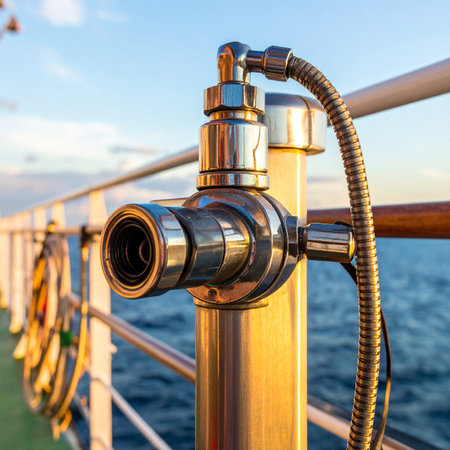An outdoor shower fixture gleams in the warm light of a setting sun on the deck of a cruise ship.の素材