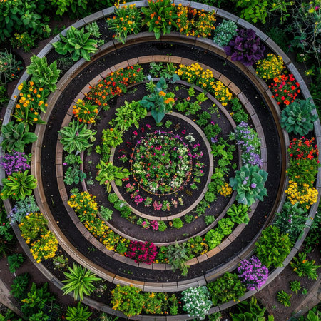 From a breathtaking top-down perspective, a meticulously designed circular garden unfolds in a series of concentric rings.の素材