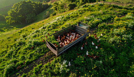 An old, repurposed boat finds new life as a rustic coop for a flock of free-range chickens on a sprawling green hill.の素材