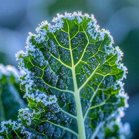 On a crisp winter morning, delicate ice crystals cling to the edges of a hardy kale leaf, highlighting its vibrant green veins.の素材