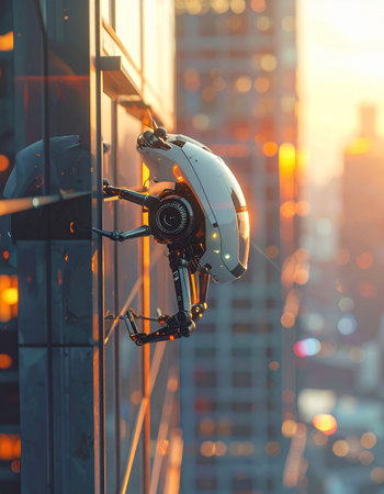 As the sun sets over a sprawling metropolis, a sophisticated AI drone conducts its silent patrol.の素材