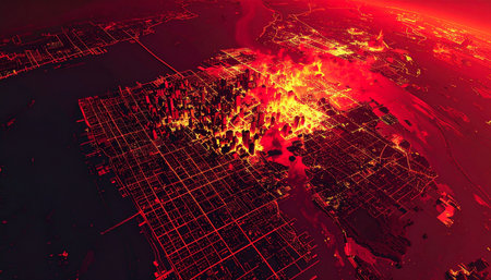 An aerial perspective captures a city in the throes of a major crisis.の素材