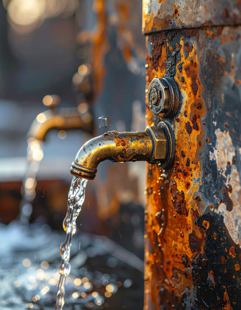 A stream of fresh, clear water flows from an old brass tap, a stark contrast to the heavily rusted and corroded metal surface it's attached to.の素材