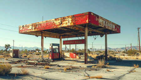 An old, rusty gas station stands as a forgotten monument in the vast desert landscape.の素材