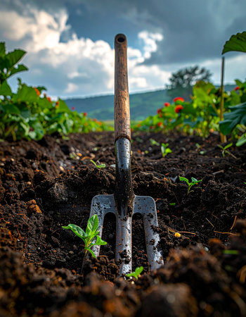 A garden fork stands ready in the rich, dark earth, a symbol of the hard work and preparation for a new season of growth.の素材