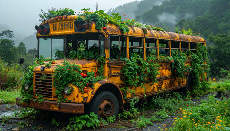 A forgotten relic from a past era, this abandoned school bus is slowly being consumed by the relentless growth of the surrounding forest.の素材