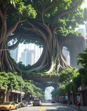 In a visionary metropolis, ancient, colossal trees are not just preserved but are the very foundation of the architecture.の素材