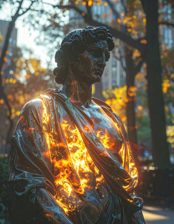 A timeless bronze statue stands silently in a city park, its form momentarily set ablaze by the intense, fiery glow of the setting sun.の素材
