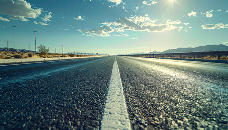 A low-angle perspective captures the textured asphalt of a long, straight highway cutting through a vast desert landscape.の素材