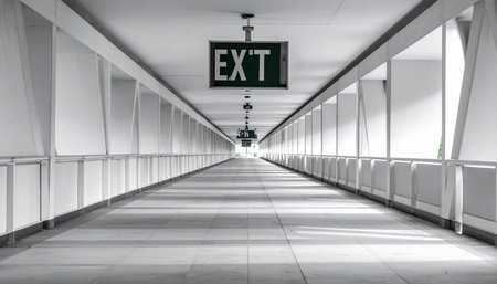 A stark, black and white view down a long, empty corridor, where strong lines converge on a distant vanishing point.の素材