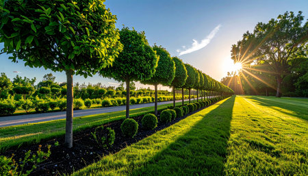 As the golden sun sets, its warm light casts long shadows down a perfectly straight row of manicured topiary trees.の素材