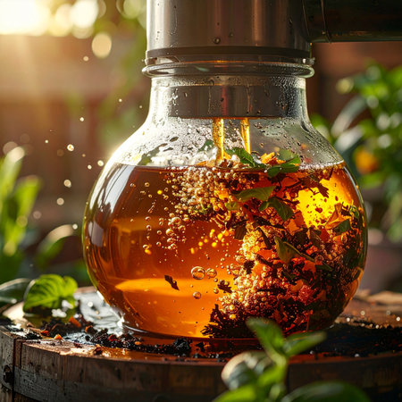 Golden morning light streams through a garden, illuminating the delicate dance of fresh herbs and tea leaves as hot water is poured into a glass pot.の素材