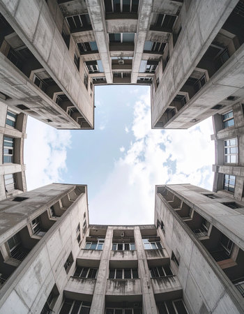 From the depths of a dense urban courtyard, weathered concrete towers rise on all sides, creating a feeling of confinement.の素材