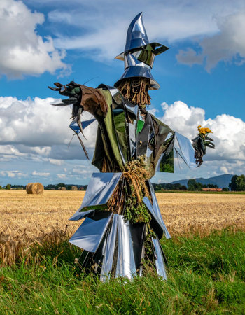 On a bright summer day, a creatively crafted scarecrow stands as a whimsical guardian over a golden field of ripe wheat.の素材