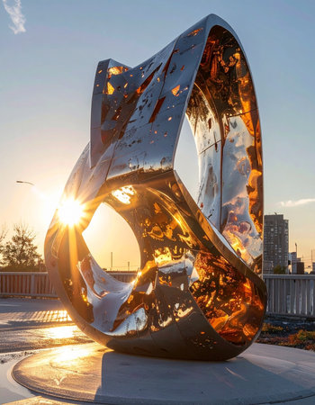 As the sun dips below the city skyline, its last golden rays catch the polished surface of a futuristic metal sculpture.の素材