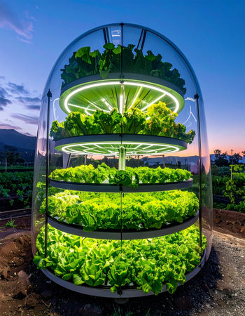As twilight settles over the landscape, a futuristic vertical farming capsule glows with life.の素材
