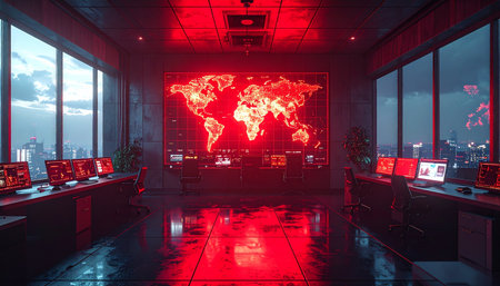 Inside a state-of-the-art command center, red alert lights flash, illuminating a global map that pinpoints a critical cyber threat.の素材