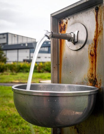 A stream of fresh, clean water pours from a simple metal tap into a stainless steel basin, offering a moment of refreshment.の素材