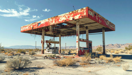 An old, rusty gas station stands as a forgotten monument in the vast, arid desert.の素材