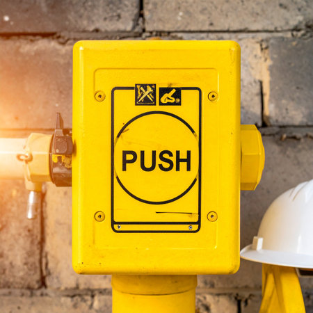 A bright yellow emergency push button stands ready against a concrete block wall.の素材
