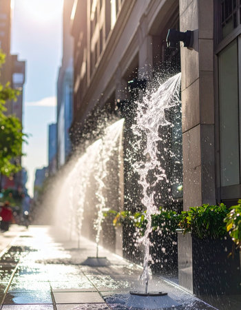 On a sweltering summer day, a fire hydrant bursts open, sending a powerful spray of cool water across a sun-drenched city sidewalk.の素材