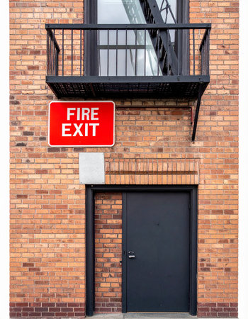 A bright red fire exit sign provides a clear point of safety and guidance on the textured brick facade of an urban building.の素材