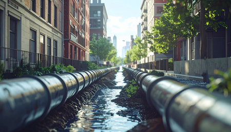 A low-angle view reveals the massive, exposed water main pipes running through a deep trench in the middle of a sunlit city street.の素材