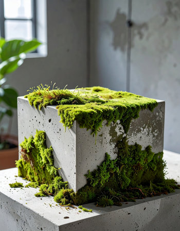 A vibrant green moss thrives on the rough, gray surface of a concrete block, creating a powerful visual metaphor.の素材