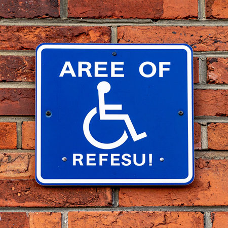 A close-up of a blue accessibility sign on a red brick wall, intended to mark an 'Area of Refuge'.の素材