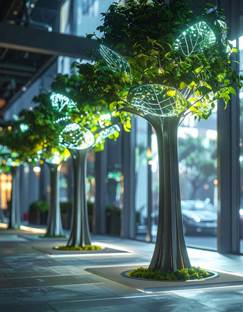 A row of illuminated, technologically advanced trees lines a modern urban pathway, casting a serene green glow.の素材