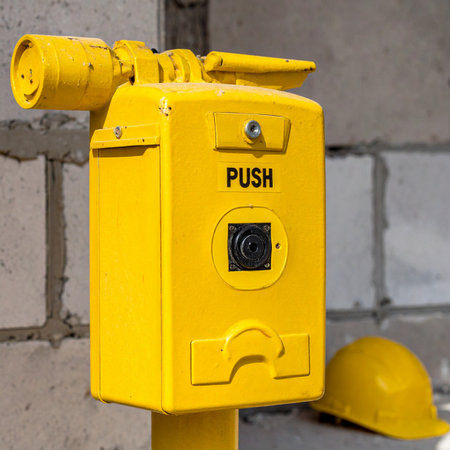 A bright yellow industrial push-button station stands ready for action on a construction site.の素材