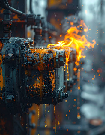 In the heart of a bustling factory, a critical piece of machinery groans under immense pressure, erupting in a shower of hot sparks.の素材