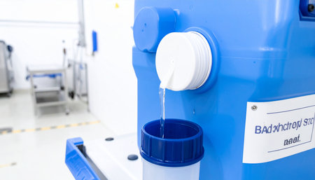 In a sterile, high-tech laboratory, a specialized machine precisely dispenses a clear, pure liquid into a collection vial.の素材