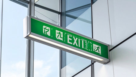 A brightly lit green exit sign provides clear and essential direction within a modern, glass-walled building.の素材