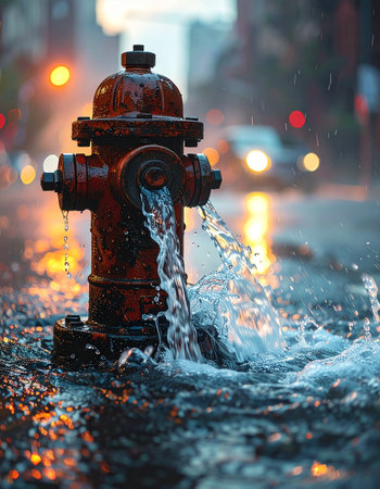 In the heart of the city as dusk settles, an open fire hydrant sends a powerful cascade of water onto the wet asphalt.の素材