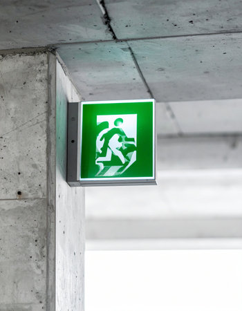 A glowing green emergency exit sign provides a clear path to safety, mounted against the raw, industrial texture of a concrete wall.の素材