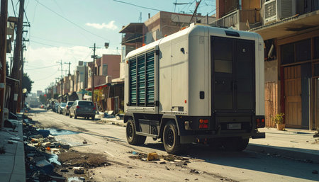 In a city grappling with infrastructure challenges, a large mobile generator truck provides a vital lifeline of electricity.の素材