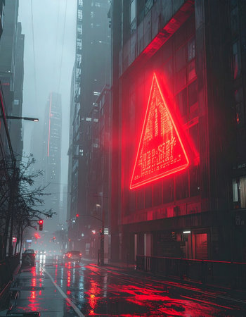 A lone red neon sign cuts through the dense fog on a rainy city night.の素材