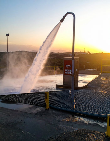 As the sun sets in a warm, golden glow, a powerful industrial wash system unleashes a high-pressure jet of water, cleaning equipment and suppressing dust.の素材
