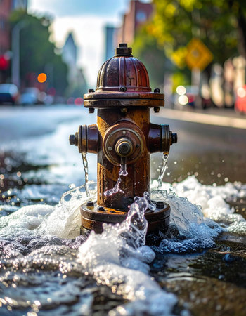 Water erupts from the base of a vintage fire hydrant, creating a turbulent flood on a sunlit city street.の素材
