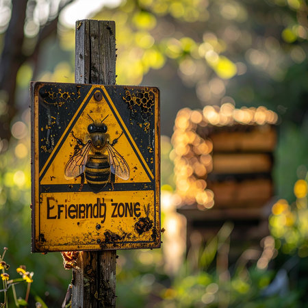 A weathered warning sign featuring a bee marks the boundary of a 'friendly zone' in a sunlit apiary.の素材