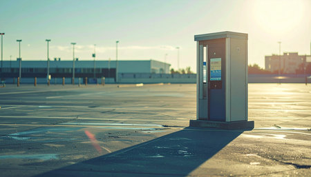 A solitary communication booth stands as a silent sentinel in a vast, empty parking lot during the golden hour.の素材