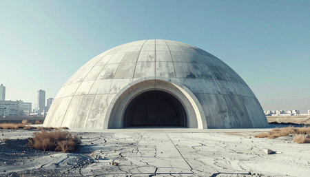 A massive, monolithic concrete dome stands as a silent sentinel in a barren, sun-bleached landscape.の素材