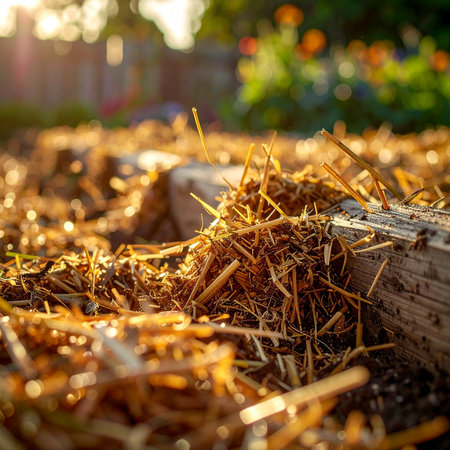 As the day ends, warm golden sunlight streams across a garden bed, highlighting the rich texture of straw mulch.の素材