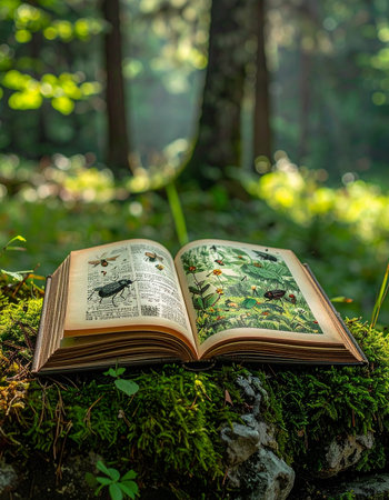In the heart of a sun-dappled forest, a field guide lies open on a mossy stone, its pages filled with illustrations of local flora and fauna.の素材