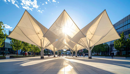 The sun's rays filter through a stunning, futuristic canopy structure, casting dynamic shadows across a clean, modern urban plaza.の素材