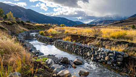 A mountain stream, guided by carefully constructed stone banks, flows through a golden valley.の素材