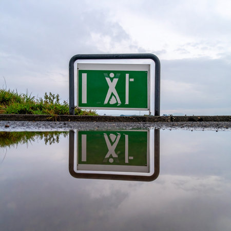 After a recent downpour, a trail marker stands as a silent guide.の素材