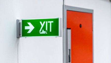 A brightly illuminated green exit sign provides clear direction towards a red emergency door.の素材